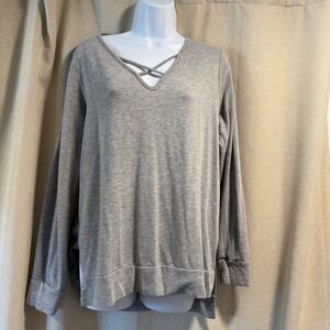 Alya Criss Cross V Neck‎ Long Sleeve Gray Tunic Top Size L